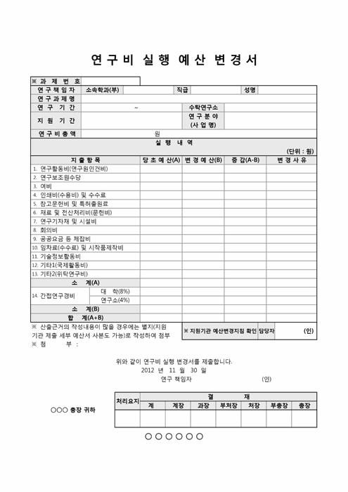 연구비 실행 예산 변경서(과학재단)