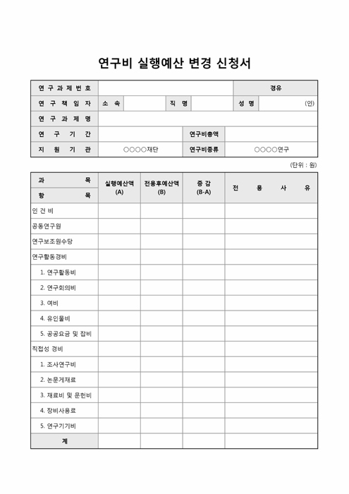 연구비실행예산변경신청서