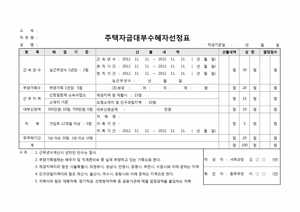 주택자금대부수혜자선정표